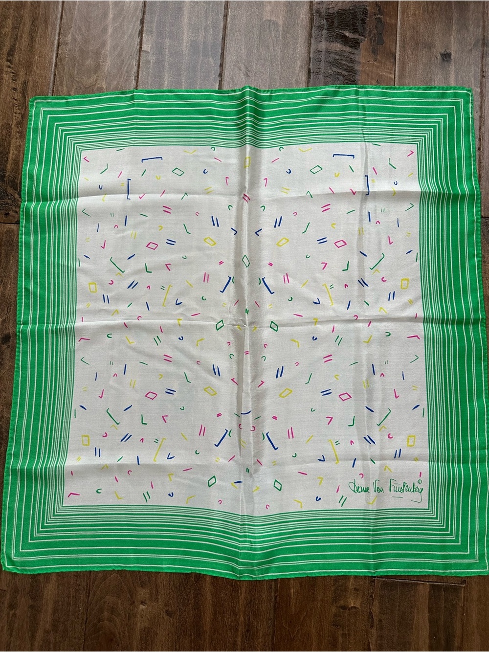 Diane von Furstenberg Geometric Silk Square Scarf Green White 21" Vintage